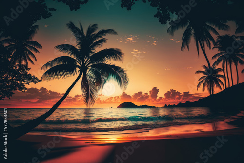 silhouette of palm trees on a beautiful beach at sunrise. Generative AI © jr-art