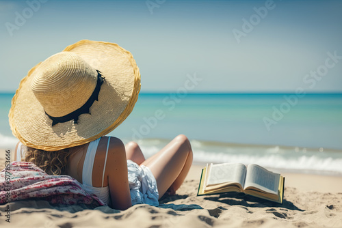 A pretty young woman in a hat is lying on the beach with a book next to her. summer vacation concept. nice weather, blue sky. Generative AI
