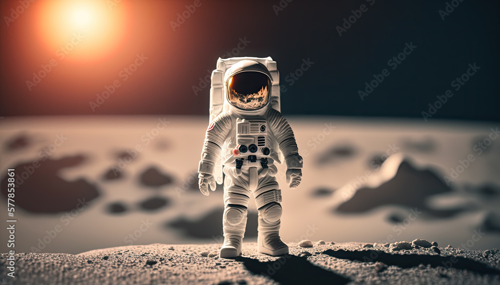 Fototapeta premium an astronaut action figure walking on the moon with the sun in the background generative AI