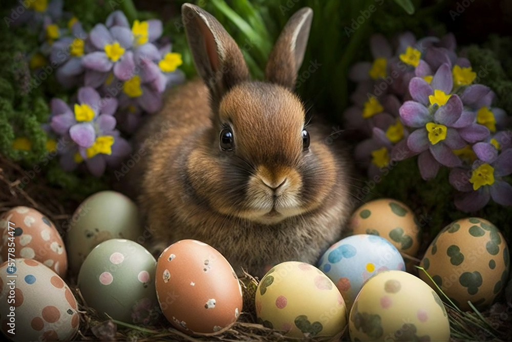 Easter Bunny With Easter Eggs, Easter Holiday, Generative Ai