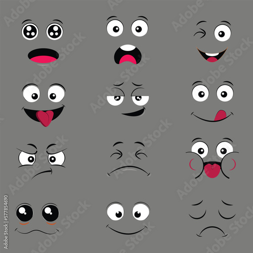 Cartoon expression. Cute face elements eyes and mouth with happy, sad and angry emotions, disbelief. 
Vector illustration