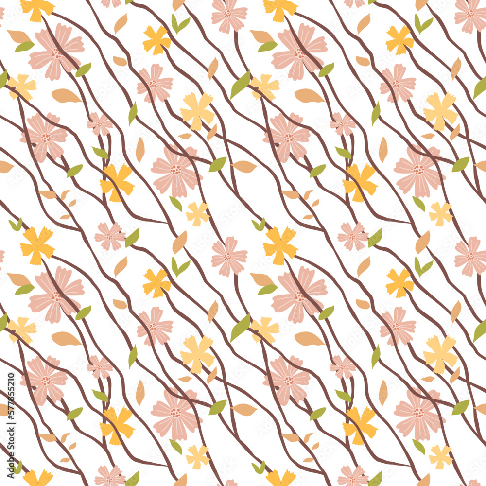 Abstract flower seamless pattern blooming on white background. Repeating floral vector design for wallpaper, print and card.