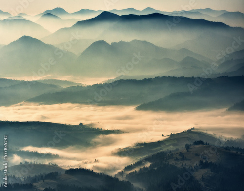 Mountain silhouettes in the fog. Graphic landscape on the theme of mountains © sergnester