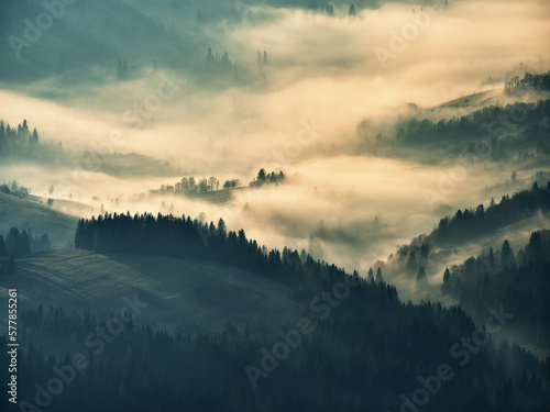 Mountain silhouettes in the fog. Graphic landscape on the theme of mountains