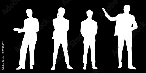 Set of silhouettes of men and a women, a group of sitting people white color isolated on black background