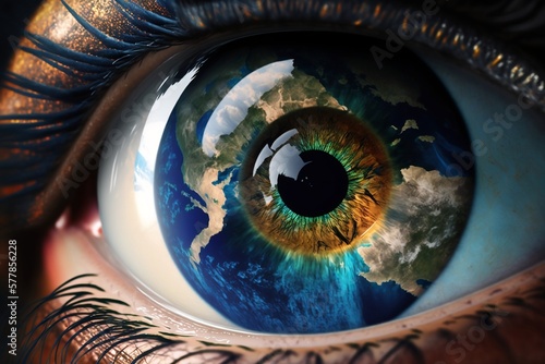 Eye with planet earth in the pupil  macro photo  eye of the world  illustration 