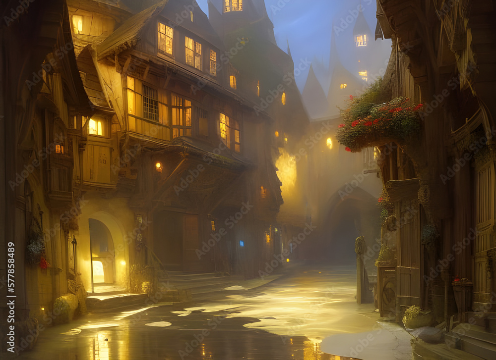 fantasy storybook type illustration of a medieval town at night with ...