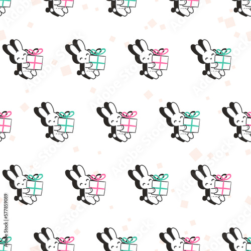 Holiday Party with Rabbit Gifts Vector Seamless Pattern