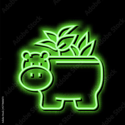 pot in hippopotamus form for house plant neon glow icon illustration