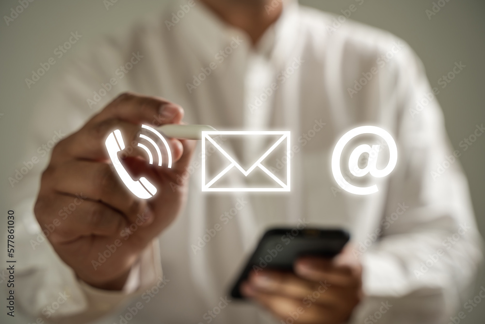 CONTACT US (Customer Support Hotline people CONNECT ) Businessman touching phone application check email CONTACT US (Customer Support Hotline people CONNECT ) Businessman touching phone application check email
