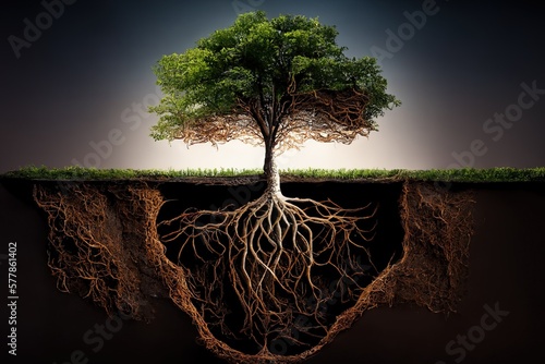 Root System Of A Tree Growing Underground. Generative AI. Digital Art Illustration