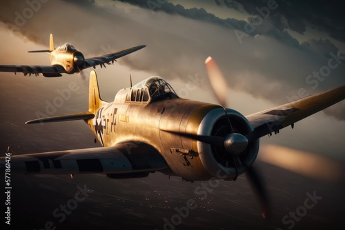 Leinwand Poster Dusk's Splendor Showcased by WWII Fighter Jets Generative AI