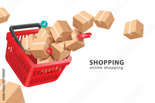 bulk parcel boxes or cardboard boxes and pins,buy icon,order confirmation icon Floating out red shopping basket