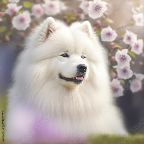 Ravishing hyper realistic digital portrait of happy samoyed dog in natural outdoor lush with flower during springtime background as concept of modern domestic pet by Generative AI. photo