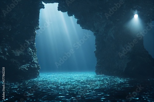 Underwater Sea - Deep Abyss With Blue Sun light. 3D Concept. Generative AI