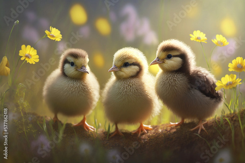 Illustration of Easter chicks in a meadow of flowers