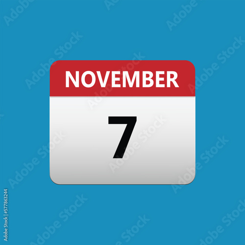 7th November calendar icon. November 7 calendar Date Month icon. Isolated on blue background