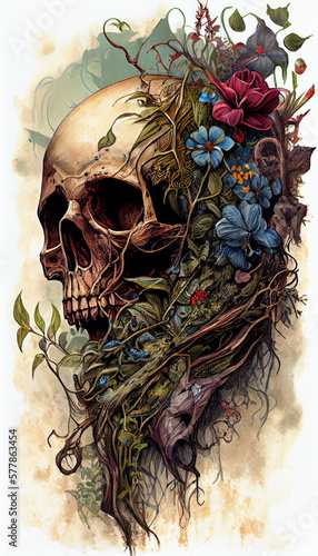 Fotografie, Tablou drawing skull surrounded vines flowers coveted alive colored ink gorgeous highly