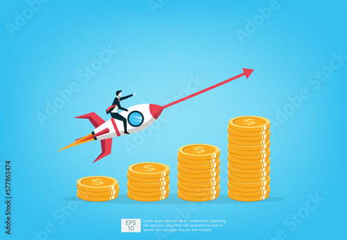 Smart businessman takeoff with the rocket flying symbol, successful business startup, profitable investment, career growth and development, financial increase and rise