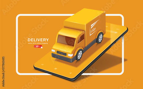 Yellow truck delivers parcels from warehouse to customers. and all on the smartphone and place the composition on the white square