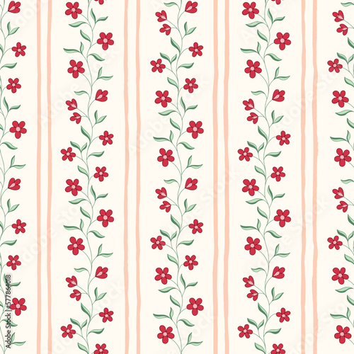 Indian Trailing Flowers and Vertical Stripes Vector Seamless Pattern. Cottagecore Chintz Floral Background. Delicate Summer Boho Print