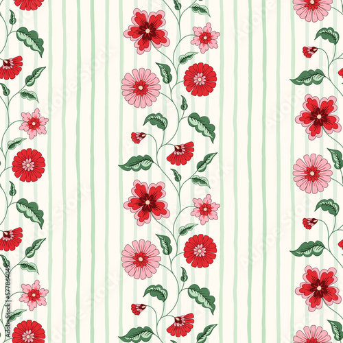 Indian Trailing Flowers and Vertical Stripes Vector Seamless Pattern. Cottagecore Chintz Floral Background. Delicate Summer Boho Print
