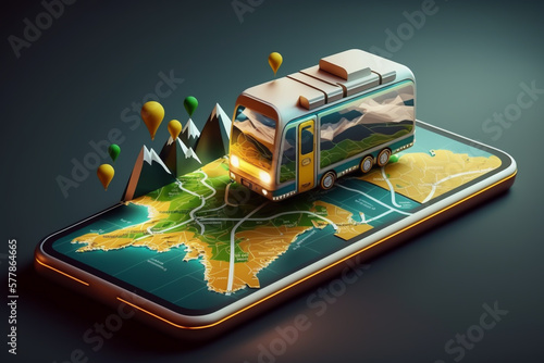online map navigator on smartphone, transport autocaravan concept, gps, generative ai photo
