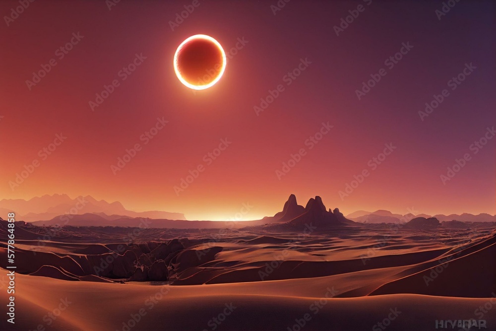 10k HDRI map sun in cloudy red sky over an desert landscape on an alien planet (high resolution environment map for equirectangular projection, spherical panorama, ). Generative AI - obrazy, fototapety, plakaty 