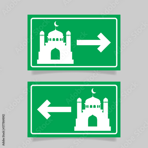 Mosque sign symbol icon with arrow, masjid street sign symbol with green color background. - Vector.