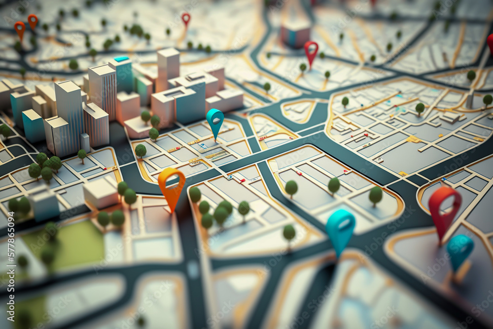 Fototapeta premium 3d city map with 3d pointers location, gps, transport concept, generative ai