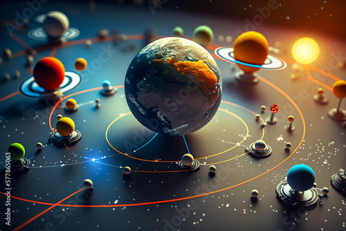 3d solar system planets with 3d gps pointers location, generative ai