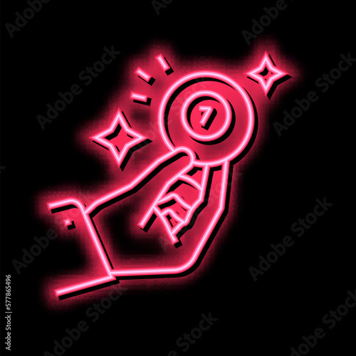 hand holding lotto ball with won number neon glow icon illustration