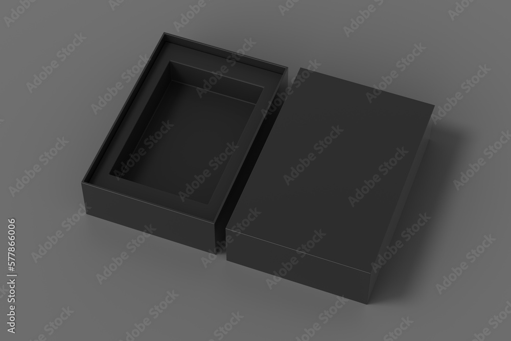 Open black box packaging mockup on gray background. Template for your design