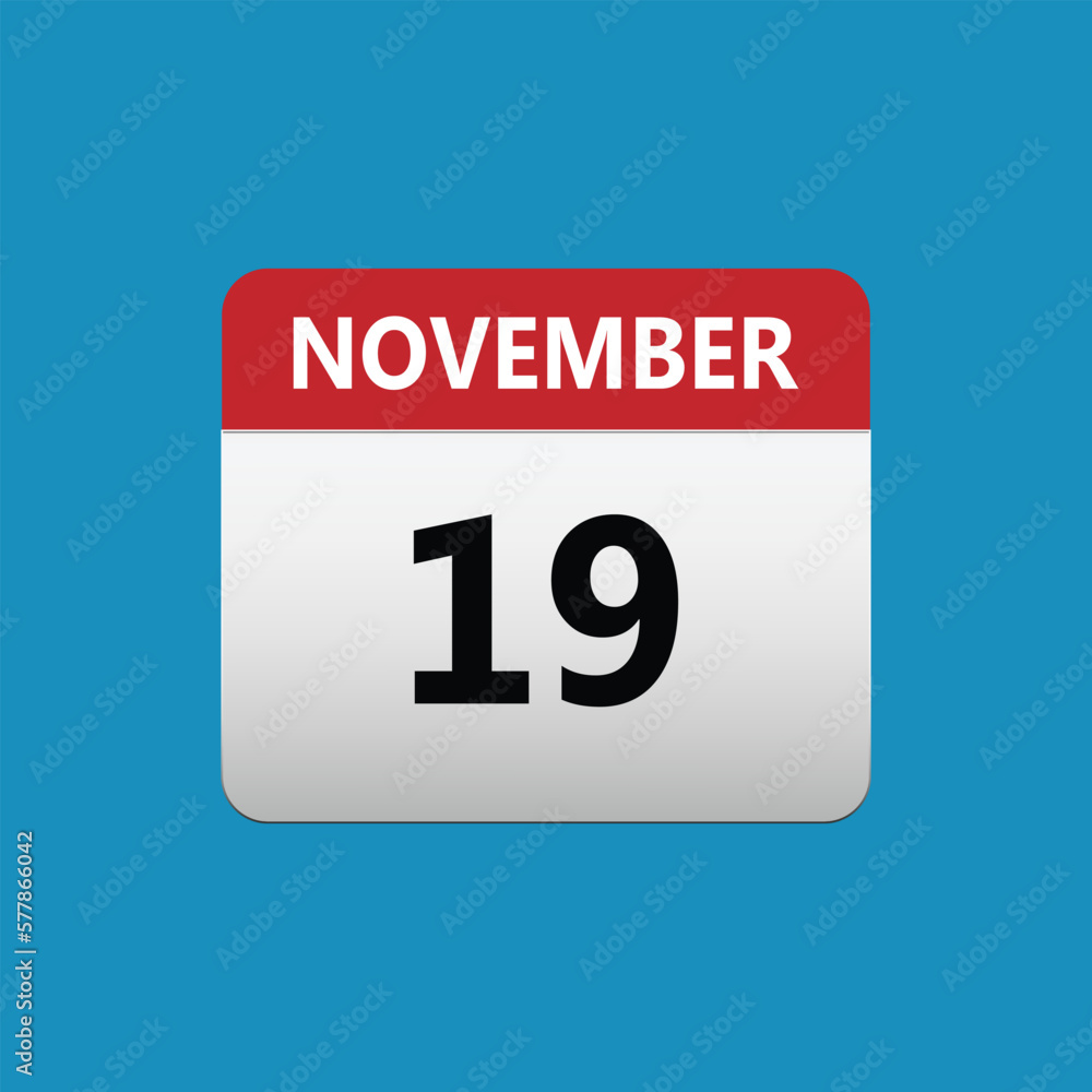 19th November calendar icon. November 19 calendar Date Month icon. Isolated on blue background 19th November calendar icon. November 19 calendar Date Month icon. Isolated on blue background