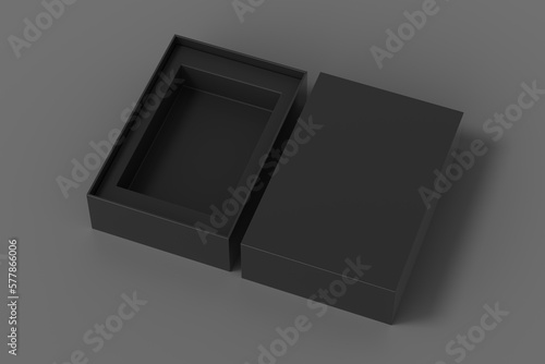 Open black box packaging mockup on gray background. Template for your design photo