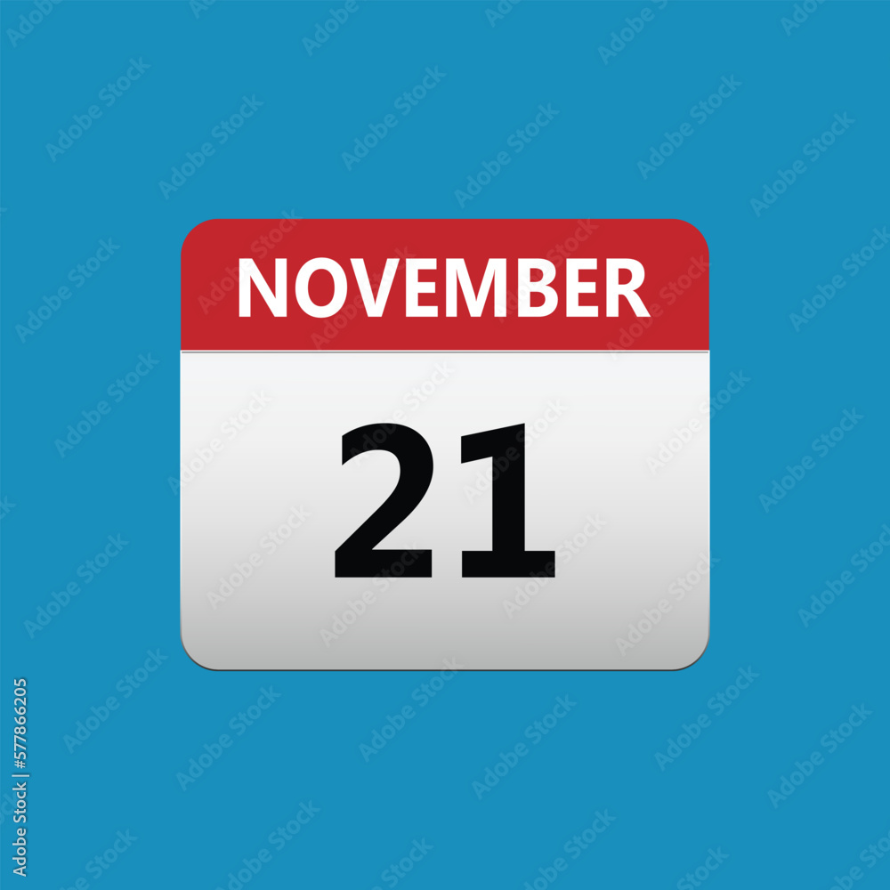 21th November calendar icon. November 21 calendar Date Month icon. Isolated on blue background 21th November calendar icon. November 21 calendar Date Month icon. Isolated on blue background