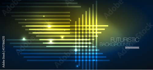 Background neon glowing lines and geometric shapes. Lights in the dark wallpaper for concept of AI technology, blockchain, digital, communication, 5G, science