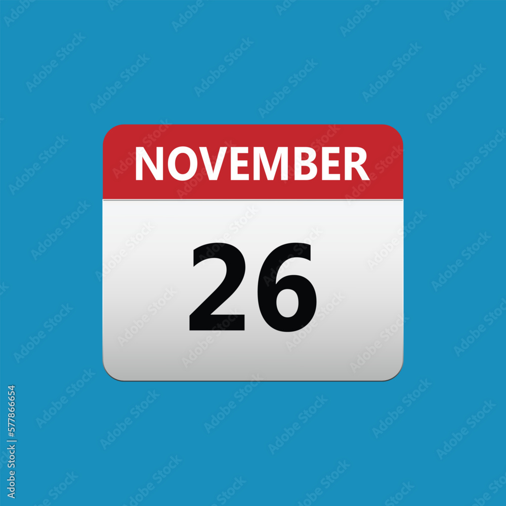 26th November calendar icon. November 26 calendar Date Month icon. Isolated on blue background 26th November calendar icon. November 26 calendar Date Month icon. Isolated on blue background