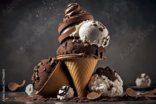 Tableau sur toile a stack of chocolate cupcakes with a scoop of ice cream and whipped cream on top