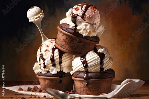 Fototapeta a stack of chocolate cupcakes with a scoop of ice cream and whipped cream on top