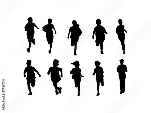 set of silhouette group kids running, laughing, playing together enjoy the happiness