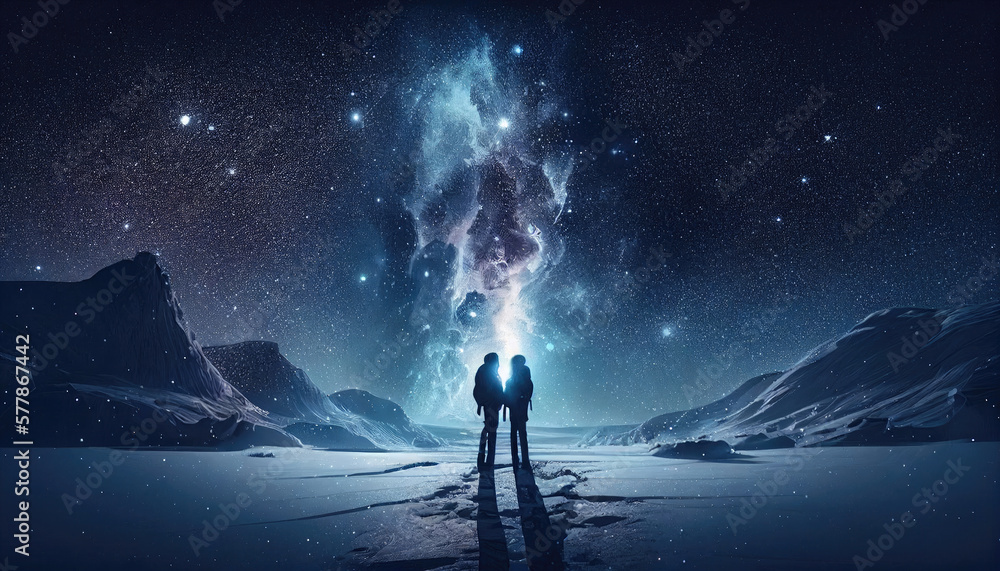 Obraz premium silhouette of two people starry night in the mountains Generative AI