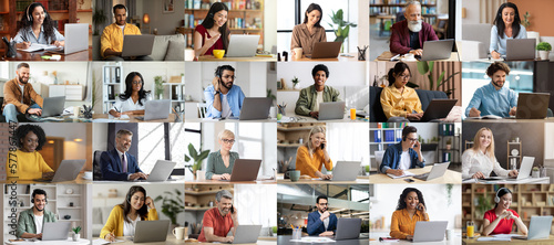 International group of entrepreneurs working on laptop, collage
