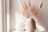 Airy soft light beige fluffy reeds in vase in sunbeam with shadow in delicate pastel pink interior on white wood table, copy space.