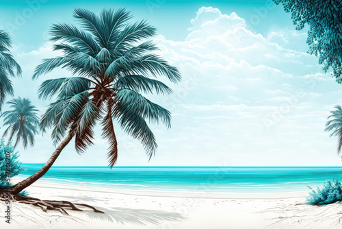 Banner of idyllic tropical beach with white sand  palm tree and turquoise blue ocean 