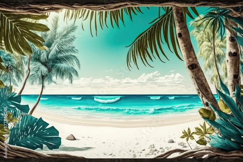 Banner of idyllic tropical beach with white sand, palm tree and turquoise blue ocean  © HyperModel