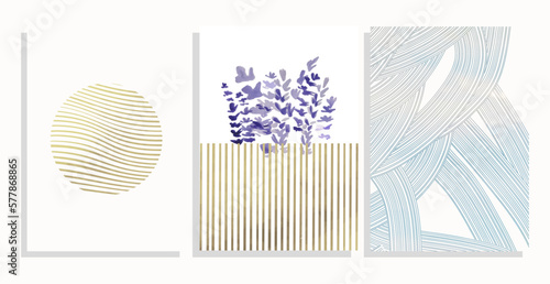 Templates with Lavender, Wavy and Geometric Stripes. Great for creating modern designs with a minimalist touch for invitations, posters, and flyers.