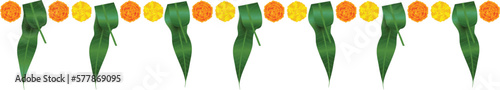 Decorative marigold flowers and mango leaves toran border design in a very attractive and creative style useful for Indian festival celebration.
