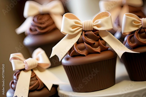 a stack of decadent chocolate cupcakes with a fondant bow on top, ready to be served at a wedding., created with generative ai