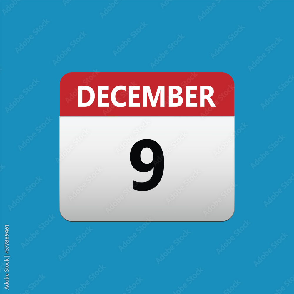 9th December calendar icon. December 9 calendar Date Month icon. Isolated on blue background 9th December calendar icon. December 9 calendar Date Month icon. Isolated on blue background